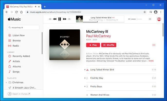Windows 10-এ Chrome-এ Apple Music ওয়েব প্লেয়ারে মিউজিক চলছে।