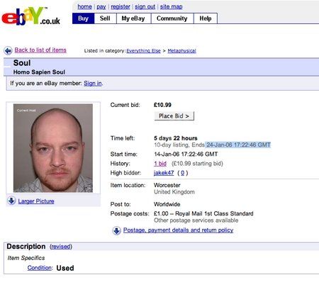Cilvēks pārdod savu dvēseli eBay