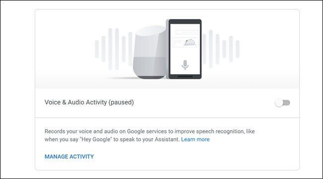 Google balss un audio darbību informācijas panelis ar izslēgtu slēdzi.