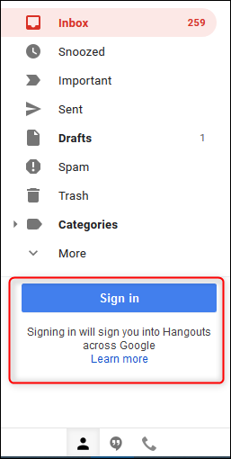 Odjeljak Google Hangouts na bočnoj traci Gmaila.