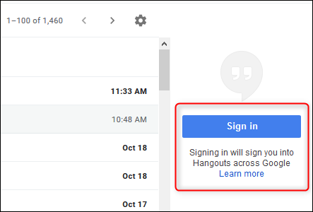 Odjeljak Google Hangouts s desne strane u aplikaciji Gmail.
