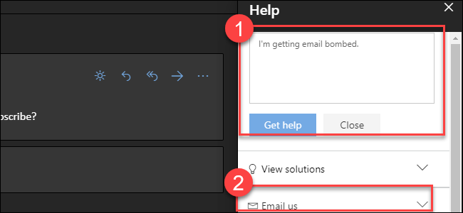 Pomoć za Outlook.com s oblačićima oko dobivanja teksta pomoći i opcije e-pošte.