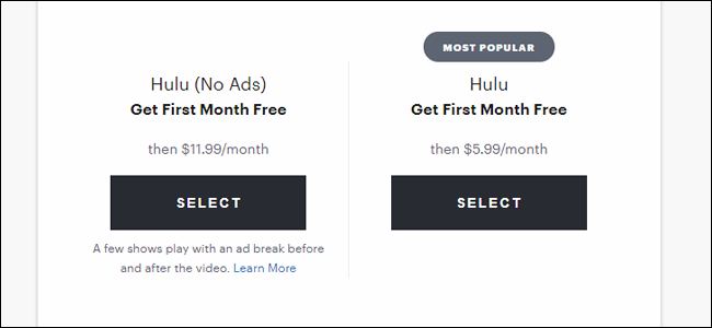 La pàgina de registre de Hulu, amb els seus preus agradables i baixos.