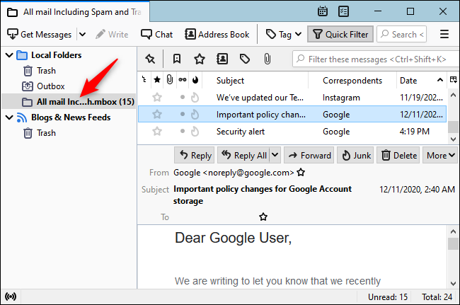 Thunderbird savās vietējās mapēs parāda Gmail MBOX failu.