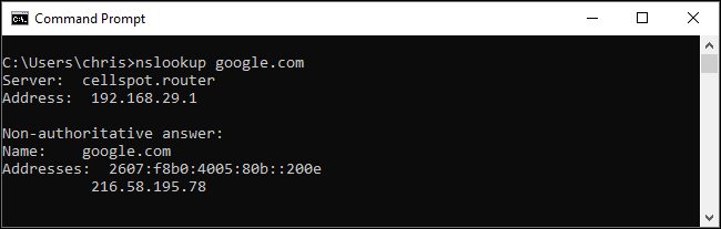 Εκτέλεση αναζήτησης DNS με την εντολή nslookup στα Windows 10.