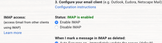 Gmail IMAP iespējots