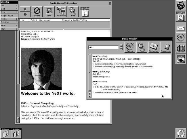Eine E-Mail von Steve Jobs auf einem NeXTSTEP 2.0-Computer.
