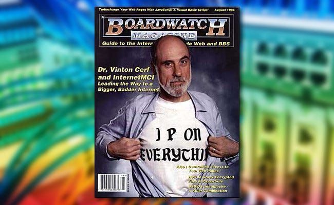 فينت سيرف على غلاف عدد أغسطس 1996 من مجلة Boardwatch وهو يرتدي