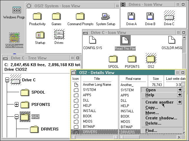 Unter IBM OS/2 Version 2 werden fünf Fenster geöffnet.