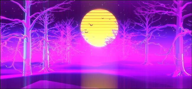 Ein Retro-Halloween-Desktop-Hintergrund von Fledermäusen, die am Mond vorbeifliegen.