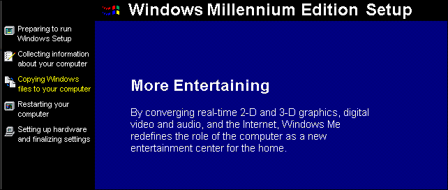 Proces postavljanja Windows Millennium Edition.