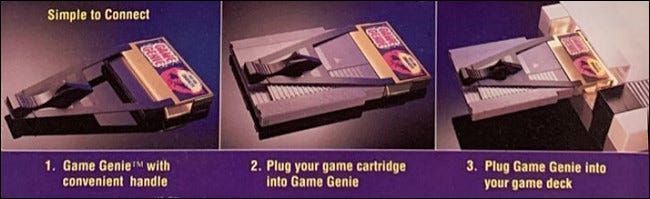 Fotografije uporabe NES Game Genie iz slike škatle Galoob.