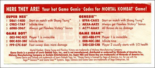 Codici di aggiornamento Game Genie per Mortal Kombat.