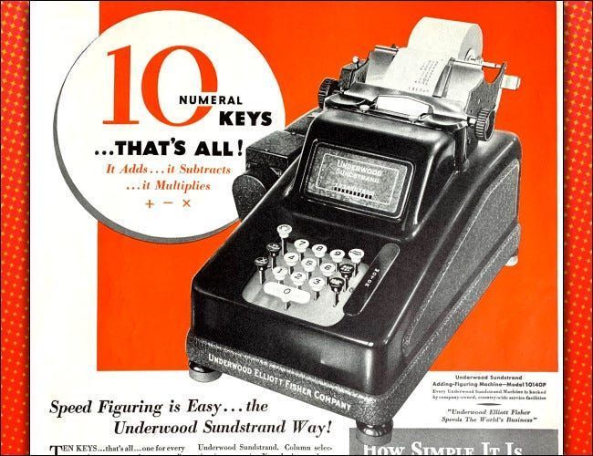 1934 سے ایک انڈر ووڈ سنڈ اسٹرینڈ مشین کا اشتہار۔