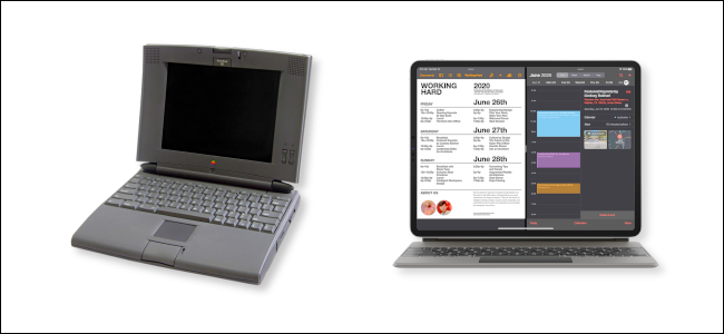 PowerBook 540c рядом с iPad Pro с волшебной клавиатурой.