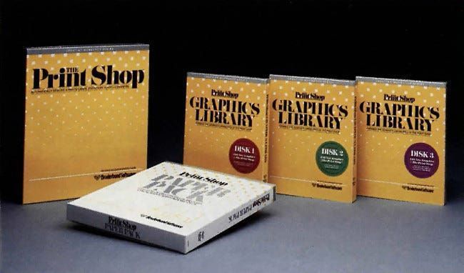 1986년 Print Shop 제품 라인.