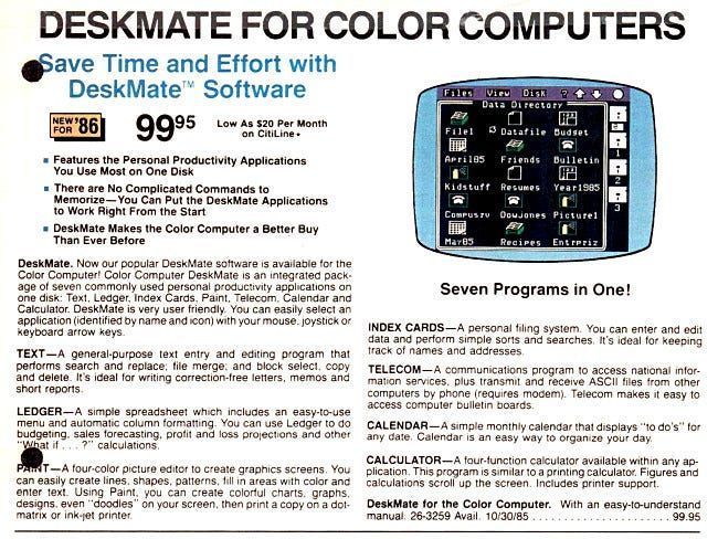 Entrada de DeskMate for Color Computers en un catálogo de Tandy, 1985