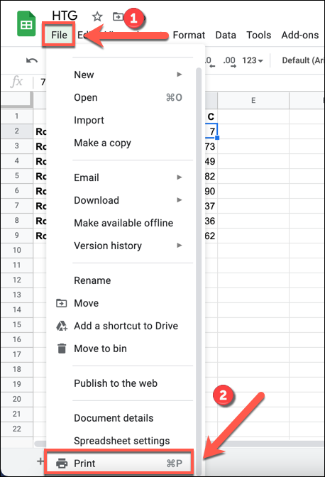 On your Google Sheets spreadsheet, press File>اطبع للوصول إلى خيارات الطابعة لجدول البيانات الخاص بك. 