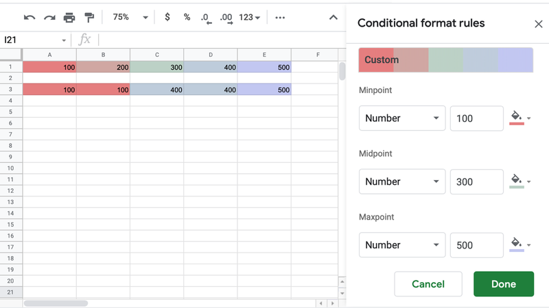Условно форматиране на цветовата скала в Google Таблици
