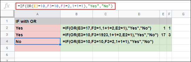 La funzione SE con una formula OR nidificata che fornisce più argomenti che danno risposte sia VERO che FALSO in un foglio di lavoro di Fogli Google.