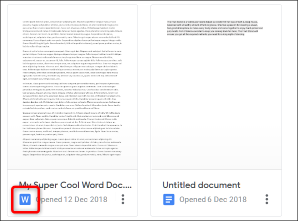 Eine Word-Datei hat ein blaues W neben dem Dateinamen. Klicken Sie darauf, um sie in Docs zu öffnen
