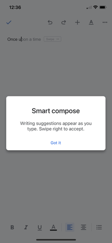 Viedās rakstīšanas iespējots ziņojums pakalpojumā Google dokumenti iPhone tālrunī