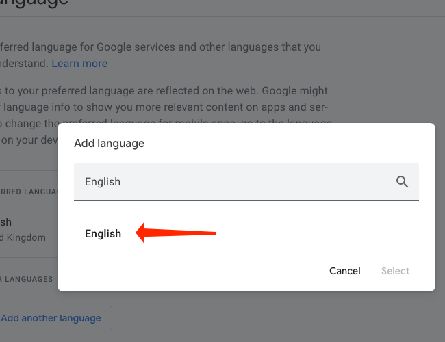 Изберете английски като предпочитан език за вашия акаунт в Google