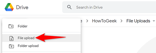 Select New>Μεταφόρτωση αρχείου στο Google Drive