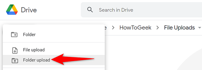 Select New>Μεταφόρτωση φακέλου από το Google Drive