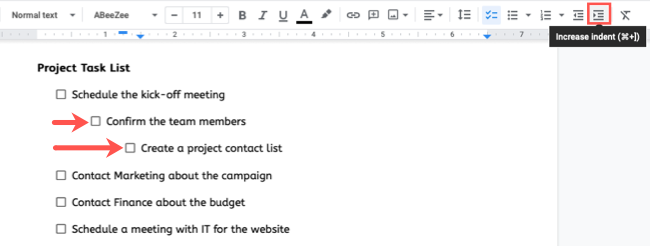 Checkliste mit mehreren Ebenen in Google Docs
