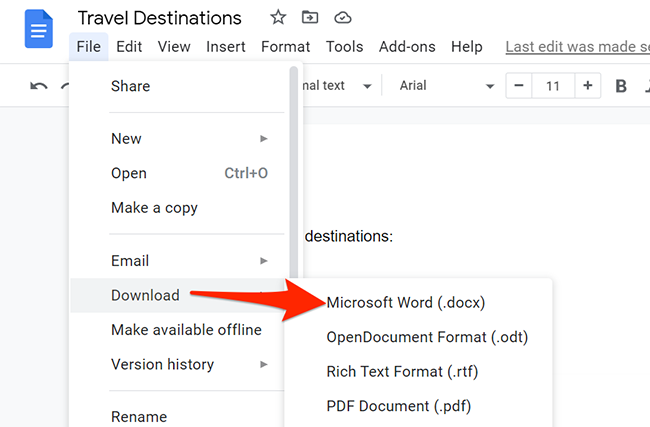Select File>Скачать> Microsoft Word из Google Docs 