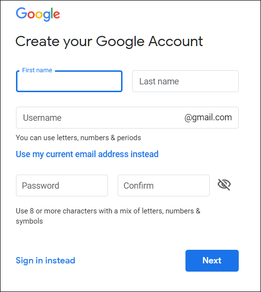 Страницата Създаване на вашия акаунт в Google, където въвеждате вашето име и фамилия, потребителско име и парола.