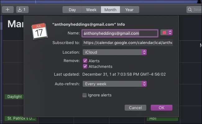 Mga setting ng subscription sa macOS Calendar