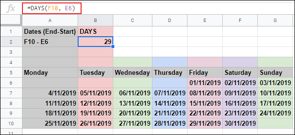 Функцията DAYS в Google Sheets, изчисляваща броя на дните, задържани в две други клетки