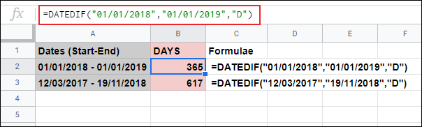 Функцията DATEDIF в Google Sheets, изчисляваща броя на дните между две зададени дати, използвани във формулата