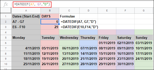 Функцията DATEDIF в Google Sheets, изчисляваща броя на дните между две дати, използвайки две отделни препратки към клетки