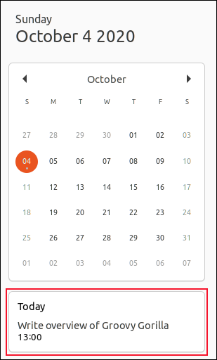 Pemberitahuan kalender untuk 4 Oktober 2020, di Ubuntu 20.10.