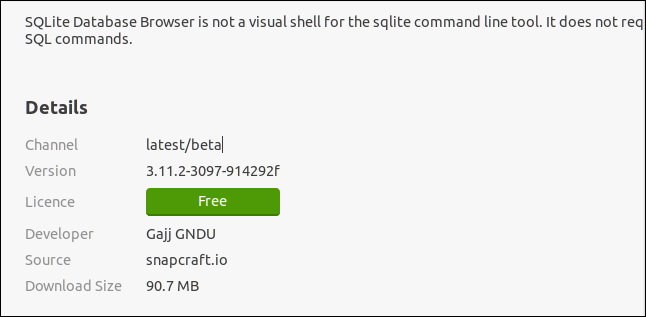 Snap-spezifische Informationen zu SQLITebrowser in der Ubuntu Software-Anwendung.
