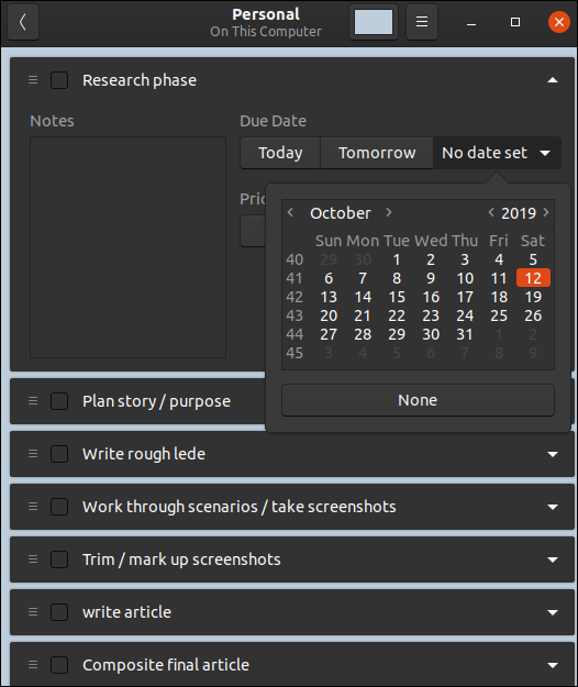 ToDo lietojumprogrammas galvenais logs ar parādītu kalendāru