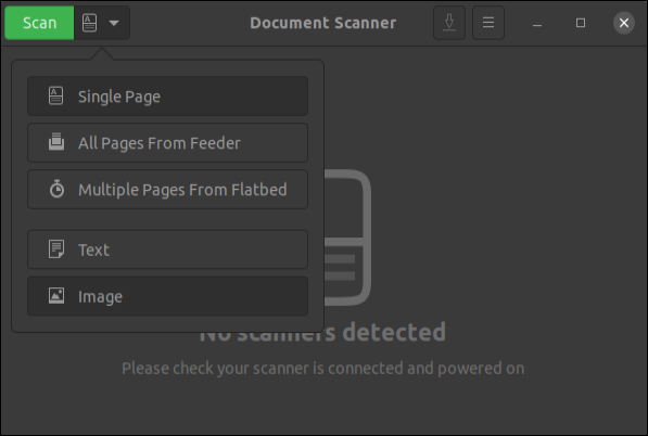 Programma Dokumentu skeneris ar parādītu izvēlni