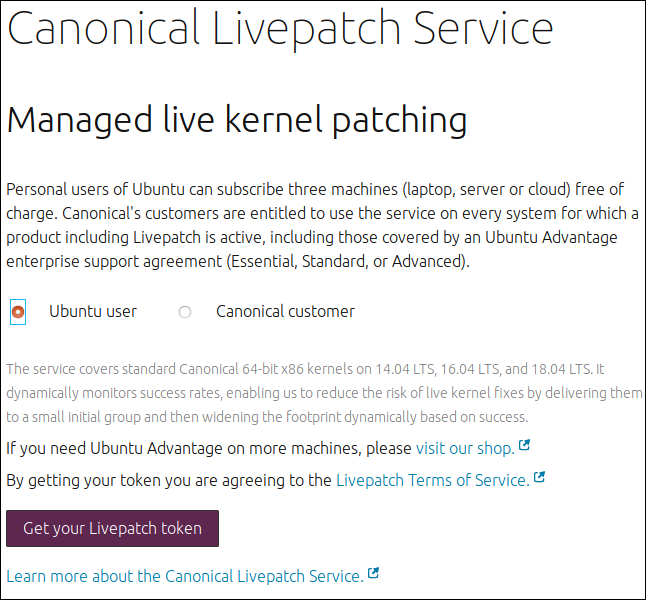Pagina web del servizio Canonical Livepatch