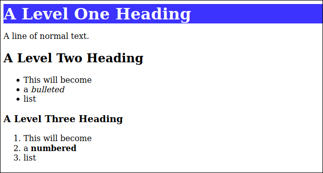 HTML prikazan iz markdowna sa CSS stilom primijenjenim na naslov prve razine, u prozoru preglednika