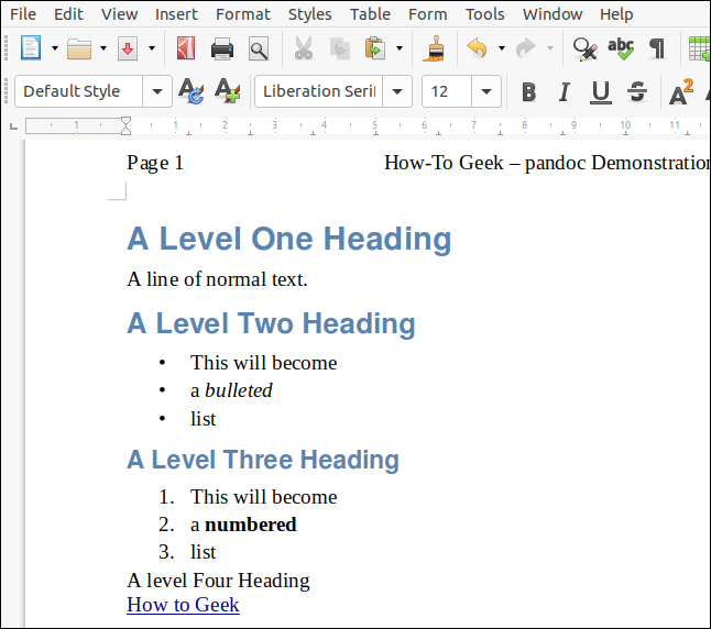 Un file ODT reso da markdown con un documento LibreOffice che funge da foglio di stile, in una finestra di LibreOffice Writer.
