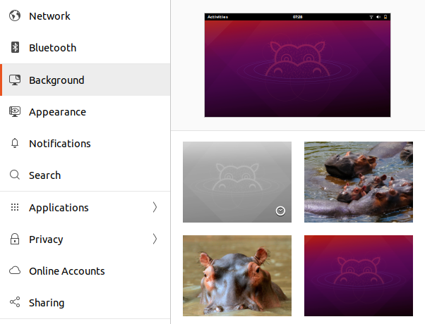 Finestra di selezione dello sfondo di Ubuntu 21.04