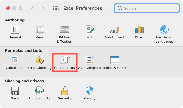 Noklikšķiniet uz Excel, Preferences, Custom Lists