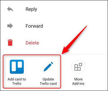 La aplicación móvil de Outlook, con el complemento Trello resaltado.