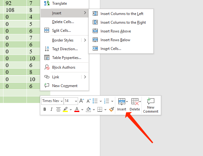Menu thả xuống Chèn cho phép bạn thêm hàng hoặc cột trong bảng trong Microsoft Word