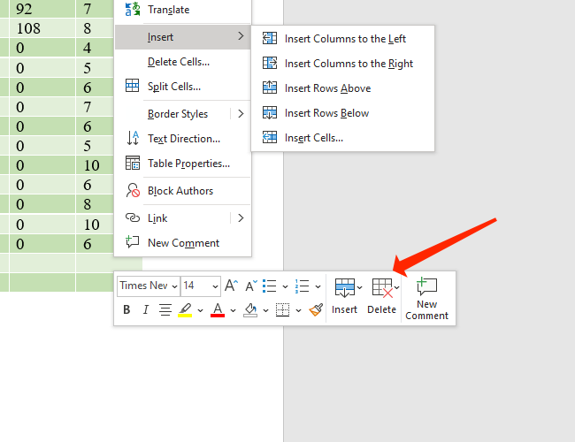 Nhấp vào Xóa để hiển thị các tùy chọn để xóa hàng và cột khỏi bảng Microsoft Word