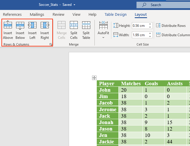Phần Hàng & Cột của tab Bố trí cho phép bạn thêm hàng và cột vào bảng Microsoft Word