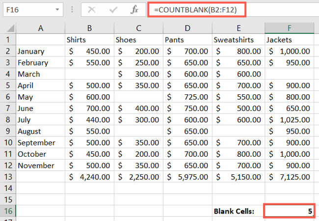 Verwenden Sie die COUNTBLANK-Funktion in Excel